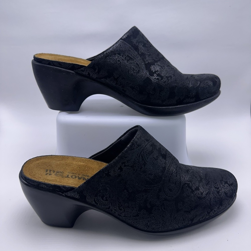 Naot Dream Black Leather Heeled‎ Clog 11/42 Women's Shoes, Suede Madras Print - Picture 6 of 8